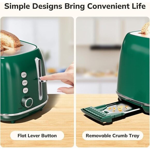 2SliceToaster Retro Stainless green Steel Toaster with Bagel Bread Shade Setting - Picture 5 of 6